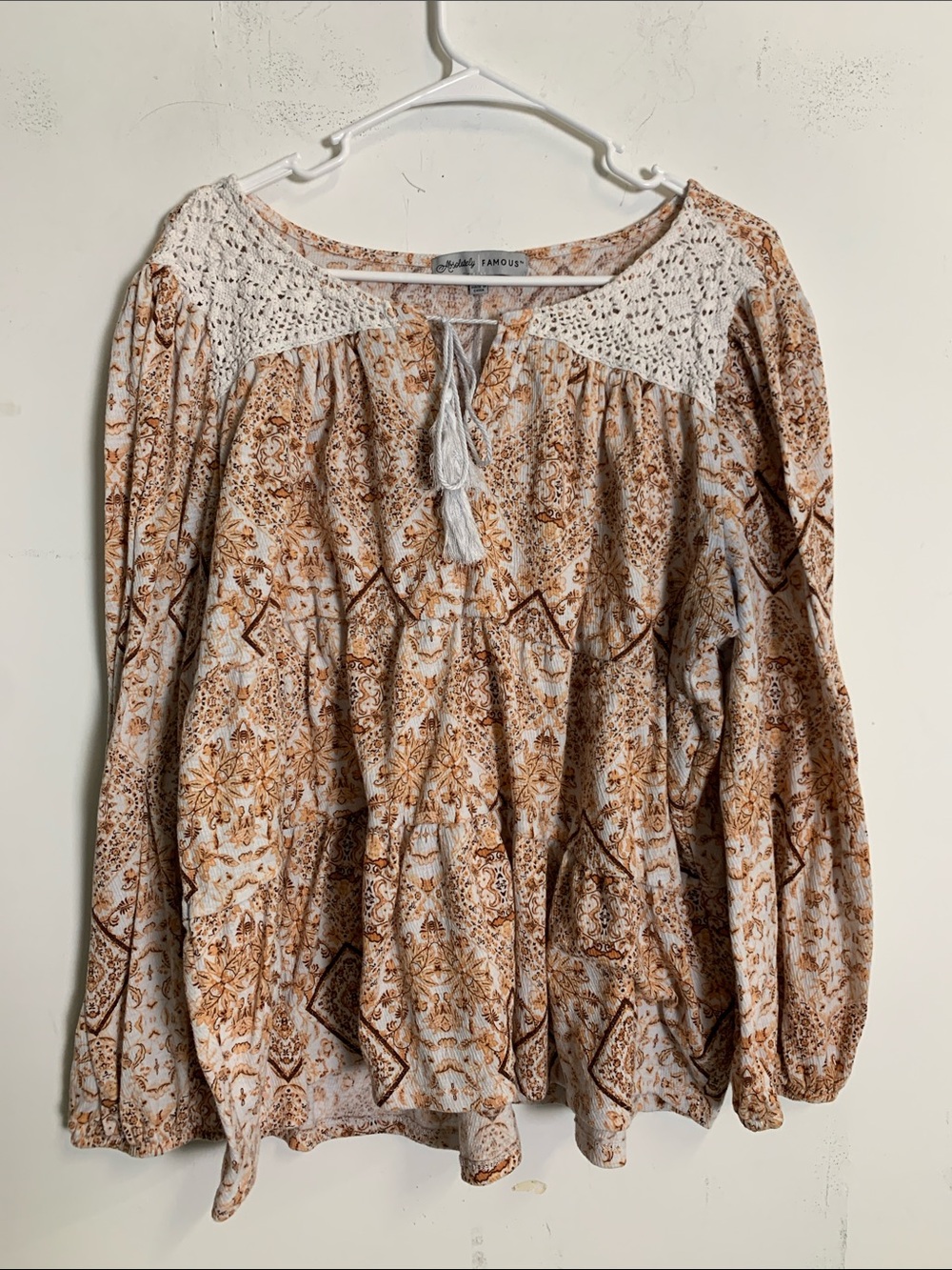 Absolutely Famous Cream & Brown Crochet Yoke Peasant Tunic
